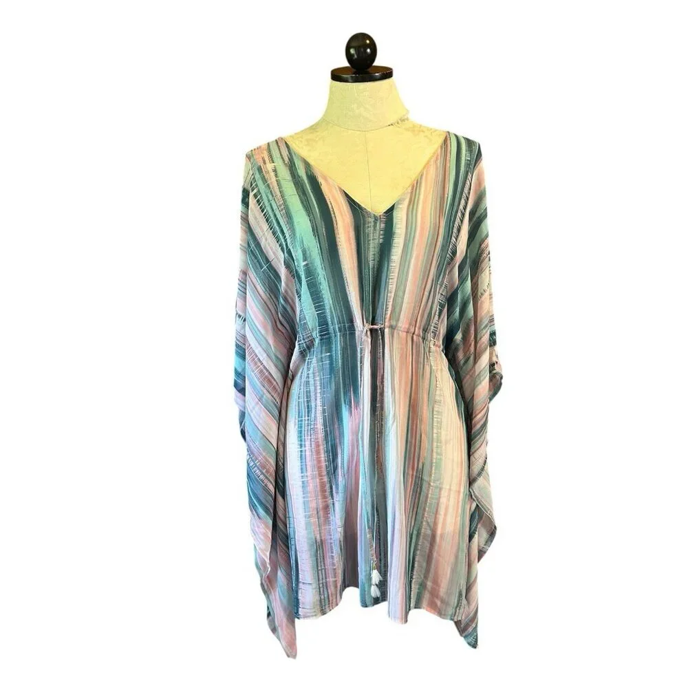 Jantzen Striped Pink & Turquoise Swim‎ Cover Up Pullover Sz M NWT